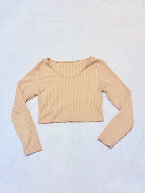 SHEIN Curve Ribbed V-Neck Long Sleeve Crop Top Beige 0XL